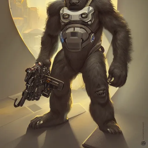 Image similar to science-fiction character portrait of Winston the gorilla from Overwatch, intricate, wild, highly detailed, digital painting, artstation, shoulders up, concept art, smooth, sharp focus, illustration, art by artgerm and greg rutkowski and alphonse mucha