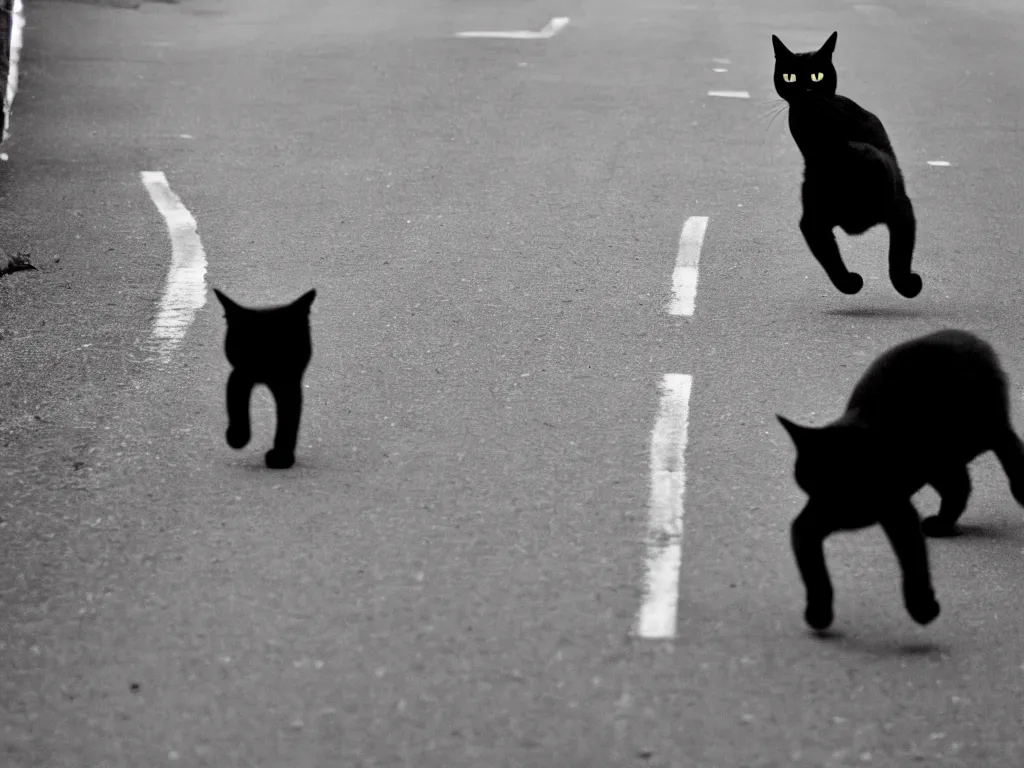 Prompt: a MAN CHASES BY a black CAT, VERY SCARY PHOTO, blak and white photo