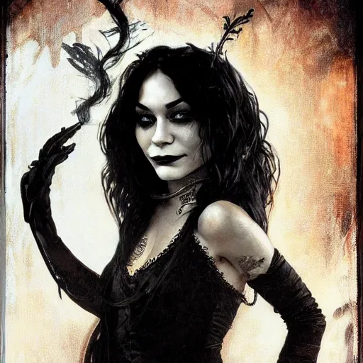 Image similar to beautiful portrait of vanessa hudgens as death from sandman, smiling, by cedric peyravernay, alphonse mucha, by jeremy mann, by lecouffe deharme, goth chic, soft lightning, eyeliner, punk rock, high detailed, 8 k