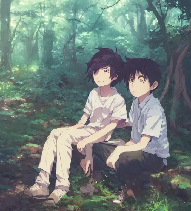 Image similar to a close up of a boy and a girl sitting together in a forest. cute anime eyes. by makoto shinkai, stanley artgerm lau, wlop, rossdraws, james jean, andrei riabovitchev, marc simonetti, krenz cushart, sakimichan, trending on artstation, digital art.