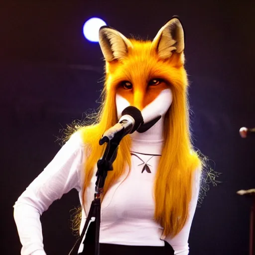 Prompt: a woman dressed as a fox with blonde long hair, on stage, singing