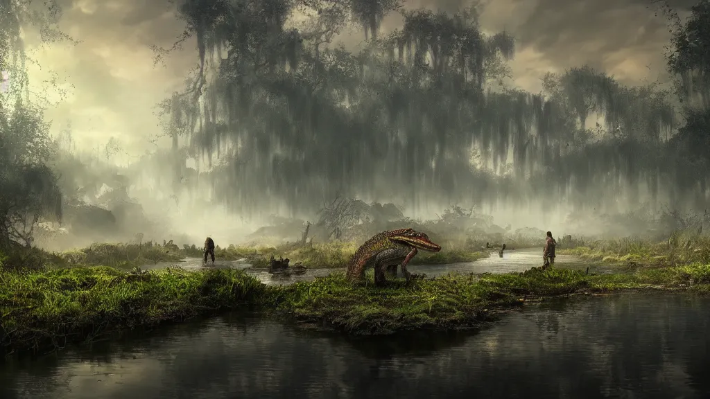 Prompt: swamp, alligators , Game of Thrones, volumetric lighting, fantasy artwork, very beautiful scenery, very realistic painting effect, hd, hdr, cinematic 4k wallpaper, 8k, ultra detailed, high resolution, artstation