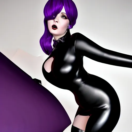 Image similar to curvy feminine hot goth cutie in a sublime elegant polished purple-black-silver latex neck-high gown with latex leggings, thin waist, cgsociety, photorealistic, comfy ambience, idealistic, 16k, smooth, sharp focus, trending on ArtStation, volumetric lighting, fully clothed, worksafe