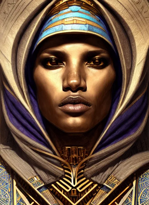 Prompt: close up portrait of noble khonsu under moonlight, egyptian symbolism, masculine, hooded african man wrapped in linen by artgerm, cushart krenz, greg rutkowski, mucha. art nouveau. gloomhaven, swirly lunar ripples, pale colors, sharp edges. ultra clear detailed. 8 k. elegant, intricate, octane render