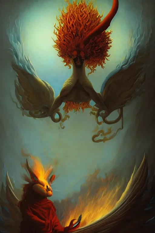 Prompt: concept art of a fire - type magical - spirit - creature that travels the virtual world and entices people serve to its master, by martin johnson heade, peter mohrbacher, karol bak. surrealism.