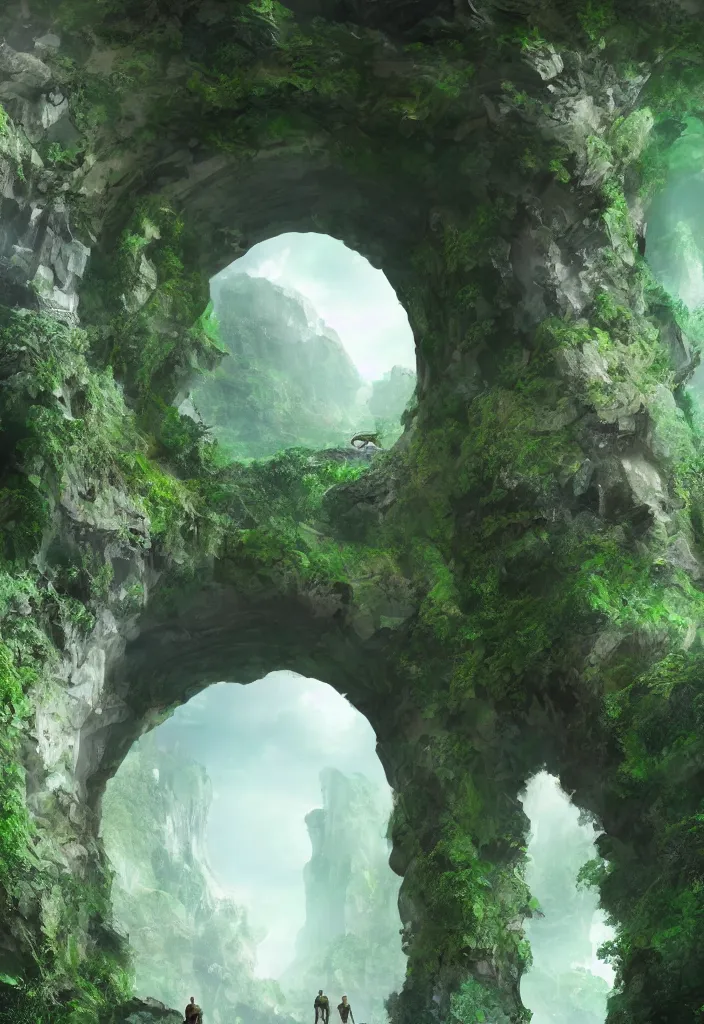 Prompt: concept art, an explorer lookup up at a giant arched doorway made of green marble, deep underground waterfalls, beautiful matte painting, ultra detailed, 8 k render