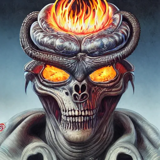 Prompt: giger doom demon portrait of satan, fire and flame, Pixar style, by Tristan Eaton Stanley Artgerm and Tom Bagshaw.