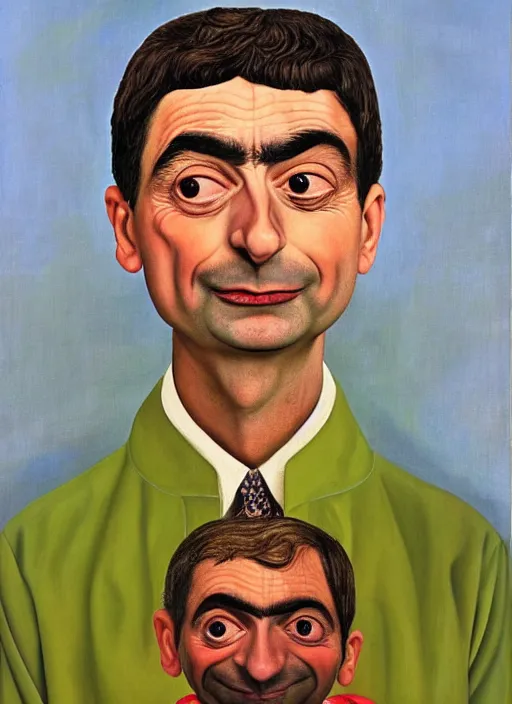Prompt: Portrait of Mr. Bean by Frida Kahlo, oil on canvas