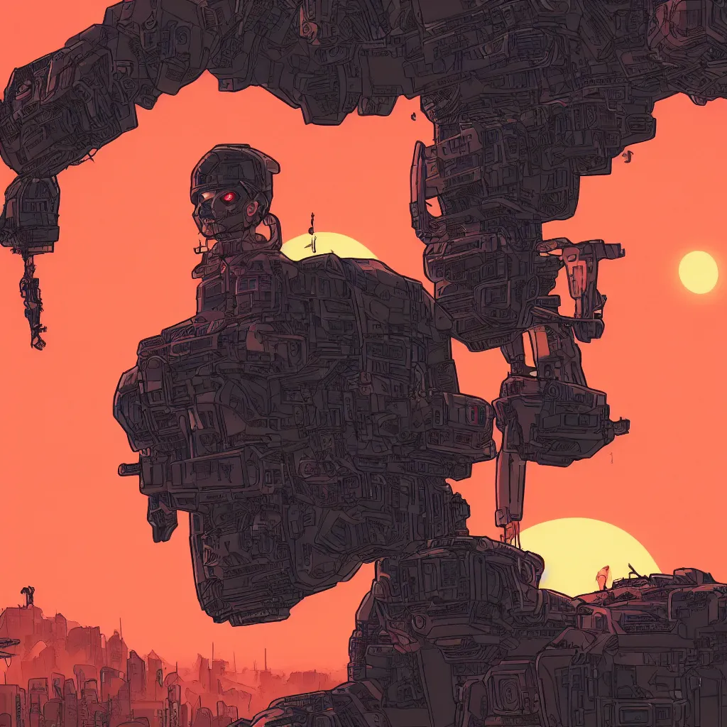 Image similar to in the style of max prentis and deathburger and laurie greasley a close up of a young explorer wearing a cyberpunk headpiece sitting on the head of a giant robot watching the sunset in the distance, highly detailed, 8 k wallpaper