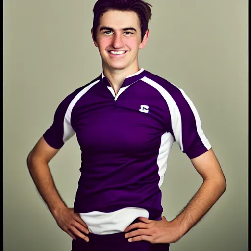 Image similar to photographic portrait by Annie Leibovitz of a young white male smiling with short brown hair that sticks up in the front, dark eyes, groomed eyebrows, tapered hairline, sharp jawline, wearing a purple white volleyball jersey, sigma 85mm f/1.4, 15mm, 35mm, 4k, high resolution, 4k, 8k, hd, full color