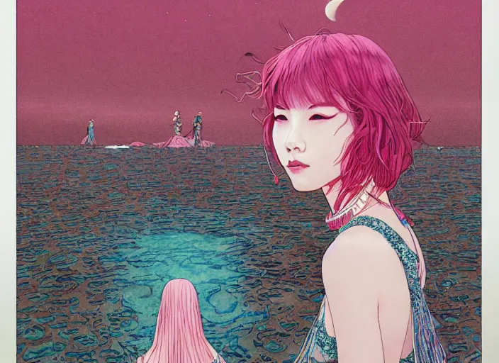 Prompt: lee jin - eun in luxurious dress emerging from pink and turquoise water in egyptian pyramid city during an eclipse by takato yamamoto, nicola samuri, conrad roset, m. k. kaluta, martine johanna, rule of thirds, elegant look, beautiful, chic, face anatomy, cute complexion