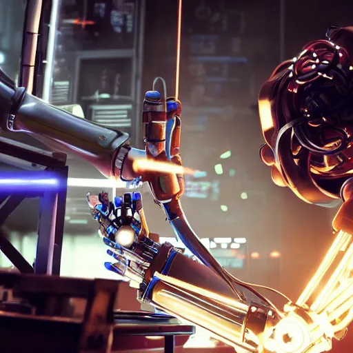 Image similar to a close up shot of a robot repairing in factory,cyberpunk,2077