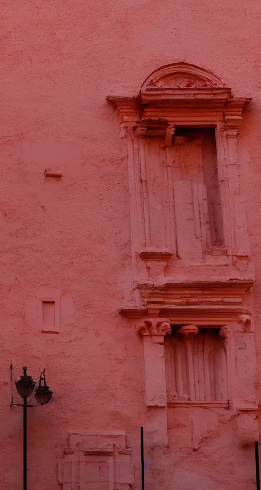 Image similar to pastel red ancient spanish architecture, clear sky, beautiful, minimalistic, aesthetic, two tone, photorealistic