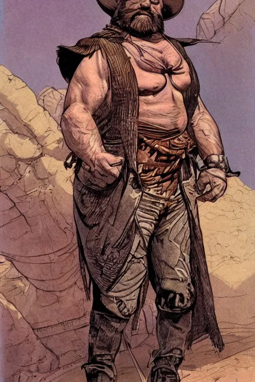 Prompt: Alexi. Smug old west circus strongman. concept art by James Gurney and Mœbius.