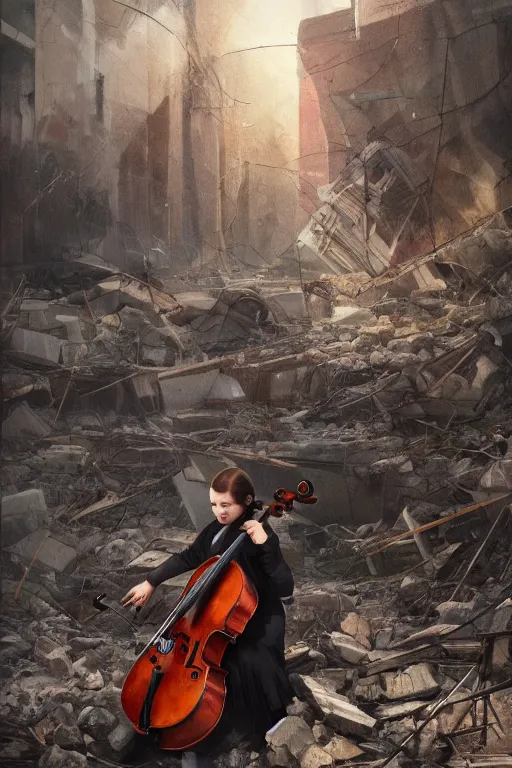 Image similar to a portrait of a cellist playing in the rubble of a fallen building, beautifully lit, slightly surreal, artstation