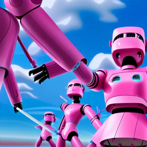 Prompt: a japanese woman battles pink robots, illustrated, detailed, 4 k