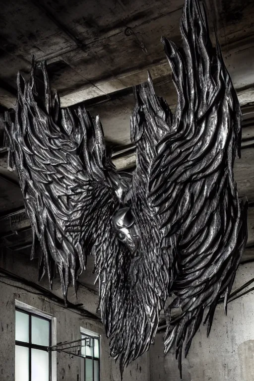 Prompt: ASYMMETRICAL irregular brutalist black-metal winged biblical-angel sculptures made of glossy black liquid latex and industrial hardware, jagged spiraling shapes, hanging from ceiling in abandoned basement, designed by nancy grossman, anish kapoor, herman nitsch, 8k, hyperrealistic, hyper-detailed, highly textured, gloss finish, dark volumetric lighting