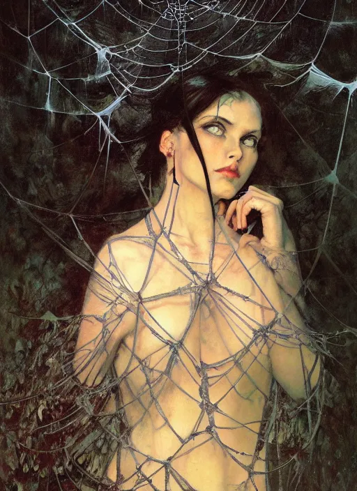 Prompt: a beautiful terrifying realism painting dark gothic close up woman in a spider web gren and blacks by raymond swanland, gaston bussiere craig mullins alphonse mucha basil gogos norman rockwell takato yamamoto, jack kirby, ruan jia, roberto ferri, monet, by wlop, moebius syd mead roger dean 4 k hd