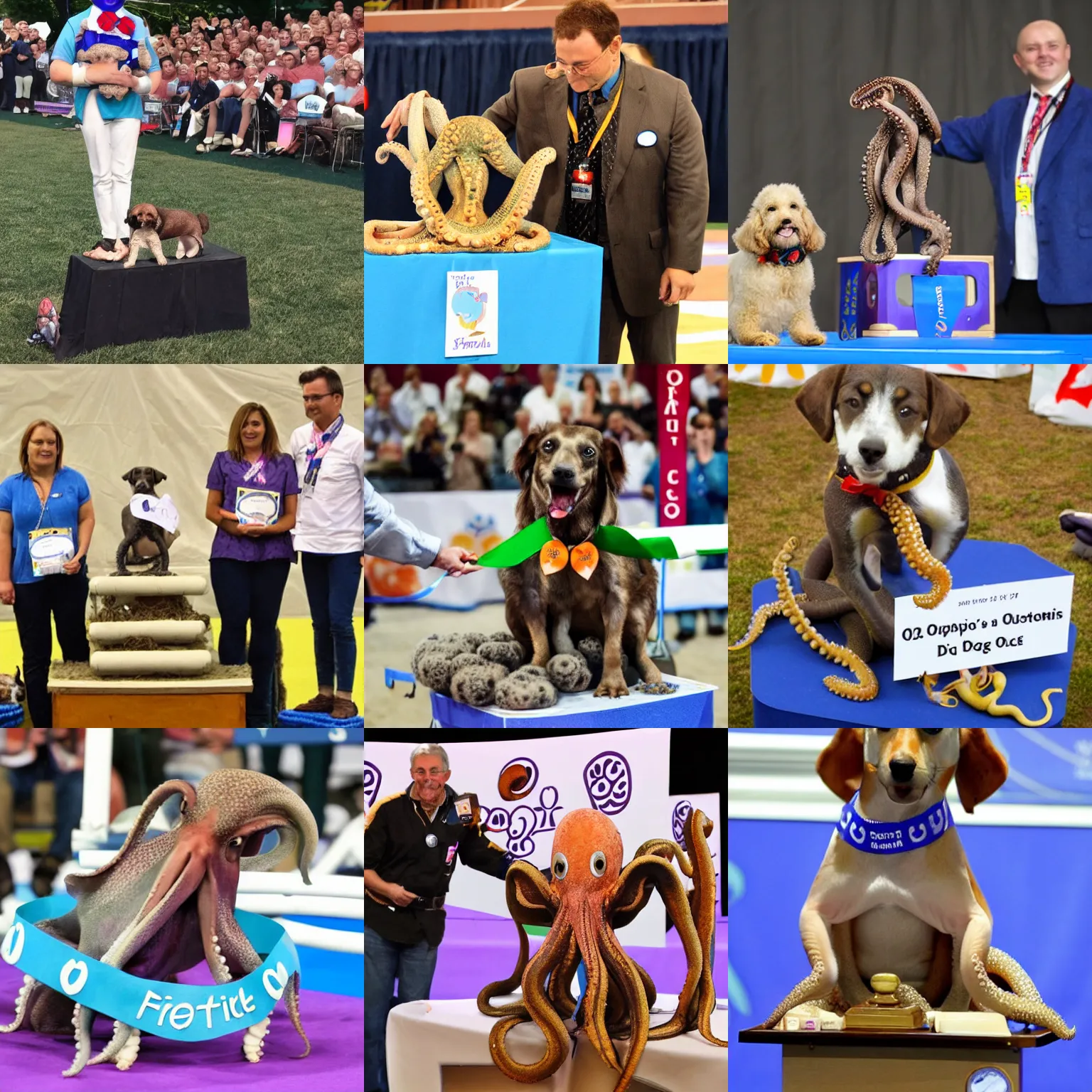 Prompt: octopus wins first place in a dog show, octopus on podium, octopus wearing a blue ribbon