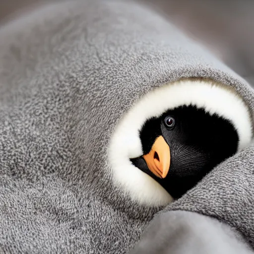 Prompt: baby penguin cuddling in a blanket, trending on artstation, national geographic, 4 k