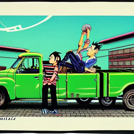 Prompt: a japanese print of a gorillaz album cover, green pickup car, art by akira toriyama.