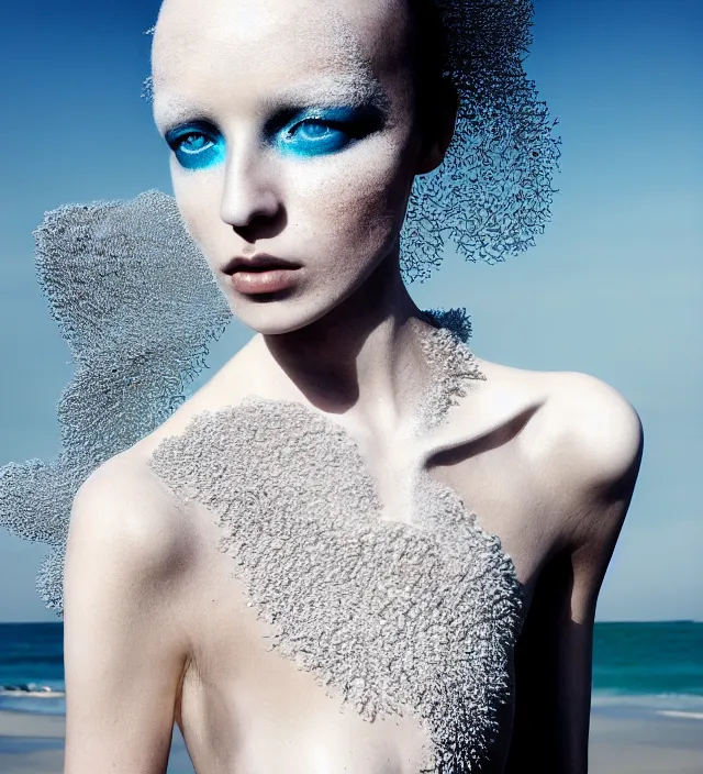 Image similar to photography face portrait of one stunning woman in white beach ocean, dress by iris van herpen, creative colorfull - makeup, curly hair style halflong, photography by paolo roversi nick knight, helmut newton, avedon, and araki, sky forest background, natural pose, highly detailed, skin grain detail