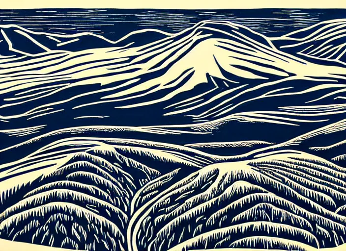 Image similar to a beautiful linocut print on paper of The highlands of Scotland