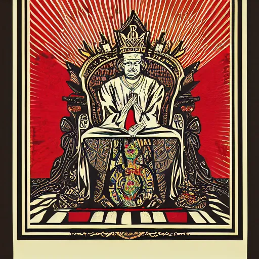 Prompt: Portrait of king sitting on wood throne with pig head wearing crown by Shepard Fairey