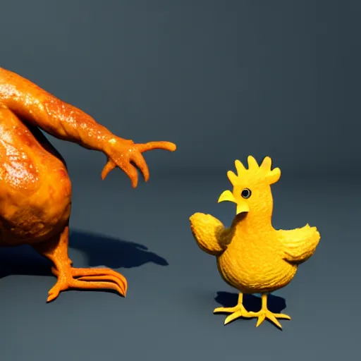 Prompt: a chicken with fingers defending his chicken fingers from a finger sized chicken, 3d render, octane, realistic lighting