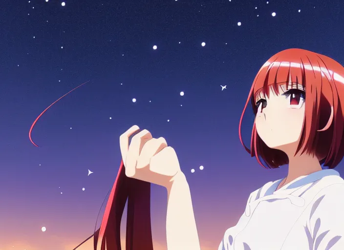 Image similar to anime visual, full body portrait a young woman with red hair looking up at the stars in the park at midnight, cute face by ilya kuvshinov, yoshinari yoh, makoto shinkai, katsura masakazu, dynamic perspective pose, detailed facial features, kyoani, rounded eyes, crisp and sharp, cel shad, anime poster, ambient light,