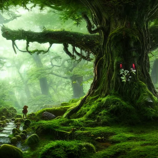 Prompt: ancient forest, faeries, moss landscape, lush, mushrooms, stones, mysterious, intricate, hyper detailed, artstation, concept art, smooth, sharp focus, ray tracing, vibrant, photorealistic, albert bierstadt