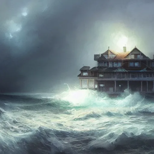 Prompt: victorian house in the ocean, stormy, illustration by ross tran, magali villeneuve, and jeremy mann.