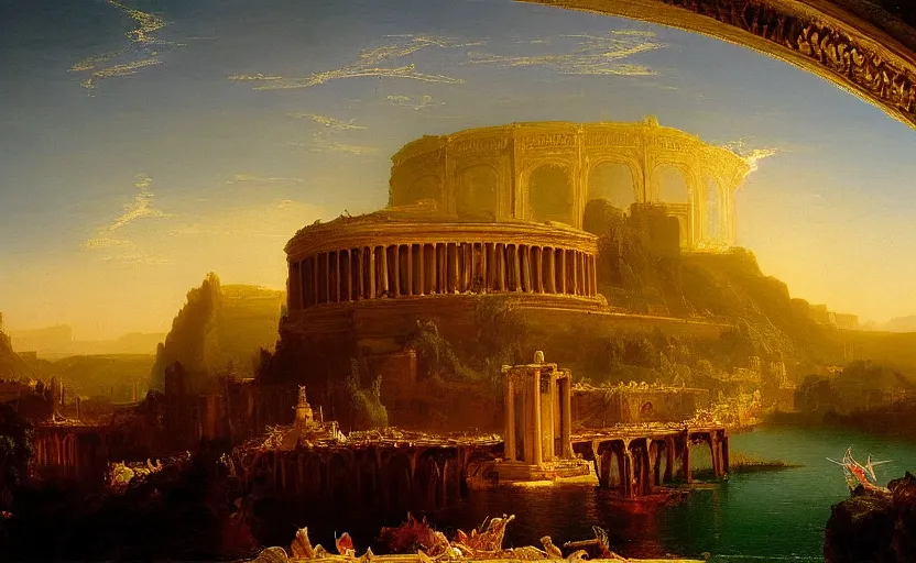 Image similar to a city of light and gold under the ancient runs painted by thomas cole