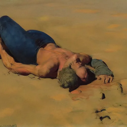 Image similar to a man laying on a Martian beach, frank frazetta