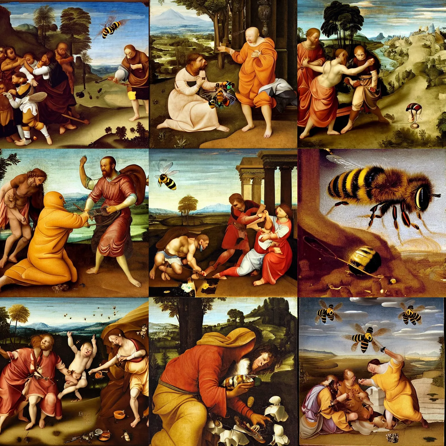 Prompt: gwoker killing a bee, renaissance painting, high quality