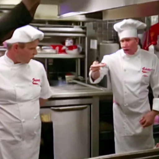 Prompt: gordon ramsay yelling at kfc employees in the kfc kitchen on kitchen nightmares. the employees are lined up and in their kfc uniforms.