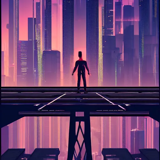 Image similar to a man standing on top of a bridge over a city, cyberpunk art by vincent lefevre, behance contest winner, altermodern, cityscape, synthwave, matte painting