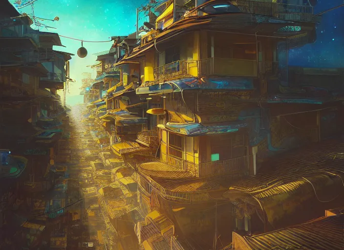 Image similar to art nouveau favela, outer space environment, scenery, professional, award - winning, trending on artstation, hyper detailed, realistic, beautiful, emotional, shiny, golden, picture