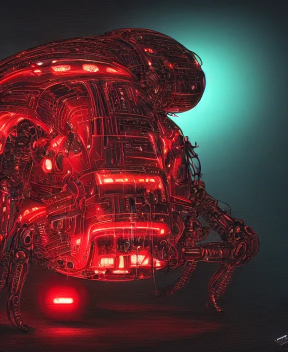 Image similar to a cybernetic beetle with red neon lights, by hr giger and beksinski and stephan martiniere, 4 k resolution, detailed, trending on artstation