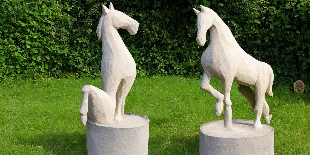 Prompt: folk art carved concrete statue of a horse rearing up, in an english cottage garden