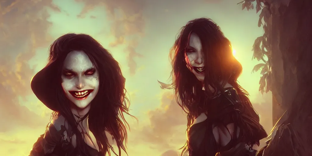 Prompt: a vampire girl smiling mysteriously, golden hour, fantasy, sharp focus, digital art, hyper realistic, 4 k, unreal engine, highly detailed, hd, dramatic lighting by brom, trending on artstation