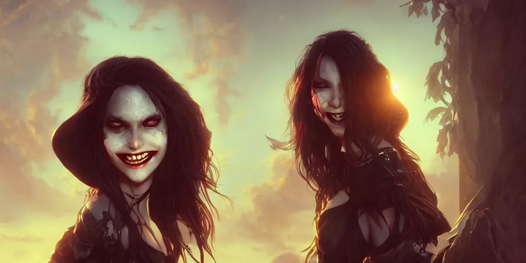 Image similar to a vampire girl smiling mysteriously, golden hour, fantasy, sharp focus, digital art, hyper realistic, 4 k, unreal engine, highly detailed, hd, dramatic lighting by brom, trending on artstation