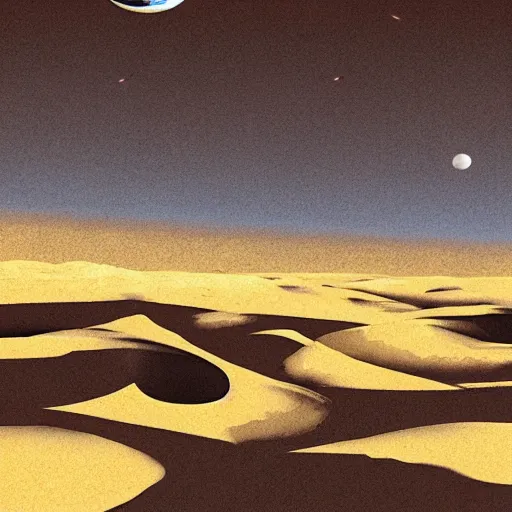 Image similar to mars dunes landscape, 8 0 s scifi art, in the style of bonestell chesley