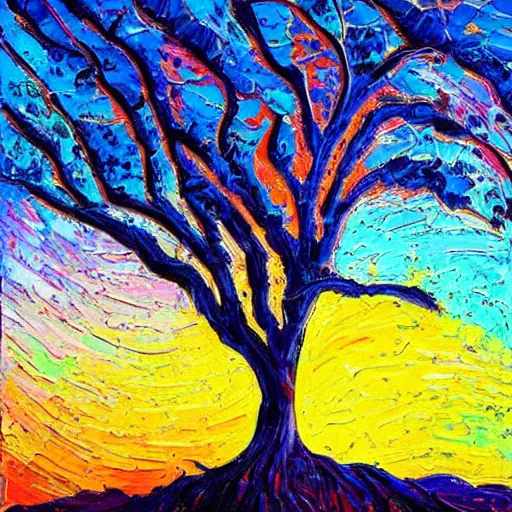 Image similar to a highly detailed painting of a tree in the sunset, an acrylic! impasto! painting by Erin Hanson, deviantart, behance contest winner, art on instagram, impressionism, rich color palette, pastel colors, vivid colors