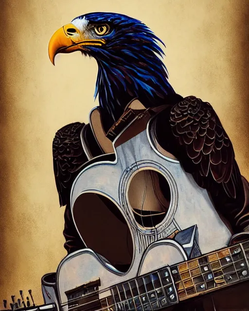 Prompt: a portrait of an anthropomorphic cyberpunk bald eagle screeching while strumming an acoustic guitar by sandra chevrier, by jon foster, detailed render, tape deck, epic composition, cybernetics, 4 k realistic, cryengine, realistic shaded lighting, sharp focus, masterpiece, by enki bilal