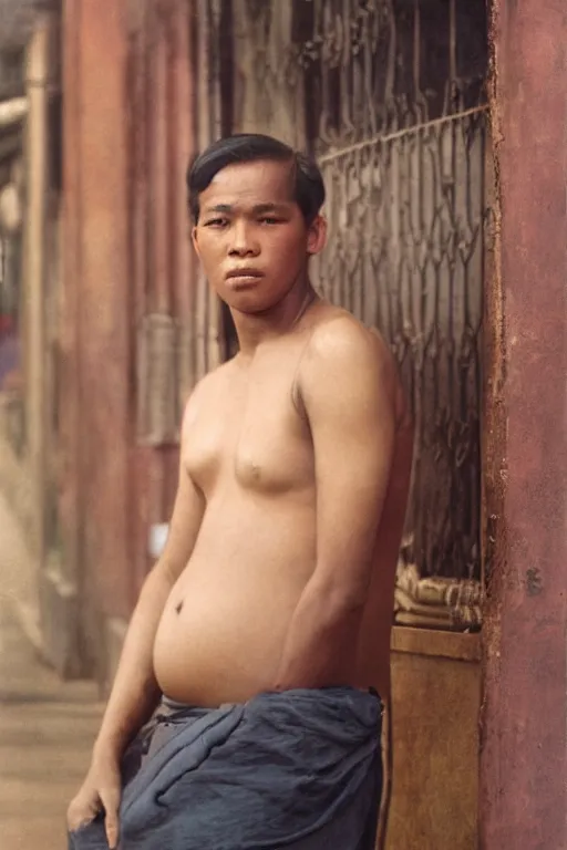 Prompt: Full-length portrait of a handsome young pregnant male on the streets of Bangkok, historically reliable photo chronicle, 1975, ultra detailed digital art, octane render, 4K, by John William Waterhouse and Edwin Longsden Long and Theodore Ralli and Nasreddine Dinet