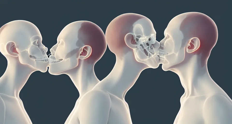 Image similar to xray medical photos of couples kissing each other, octane render, concept art, realistic, high details, art by hsiao - ron cheng and james jean highly detailed, intricate detail, unreal engine, octane render