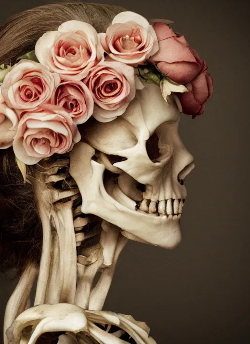 Image similar to a womans face in profile made of roses skeleton in the style of the dutch masters and gregory crewdson dark and _ moody