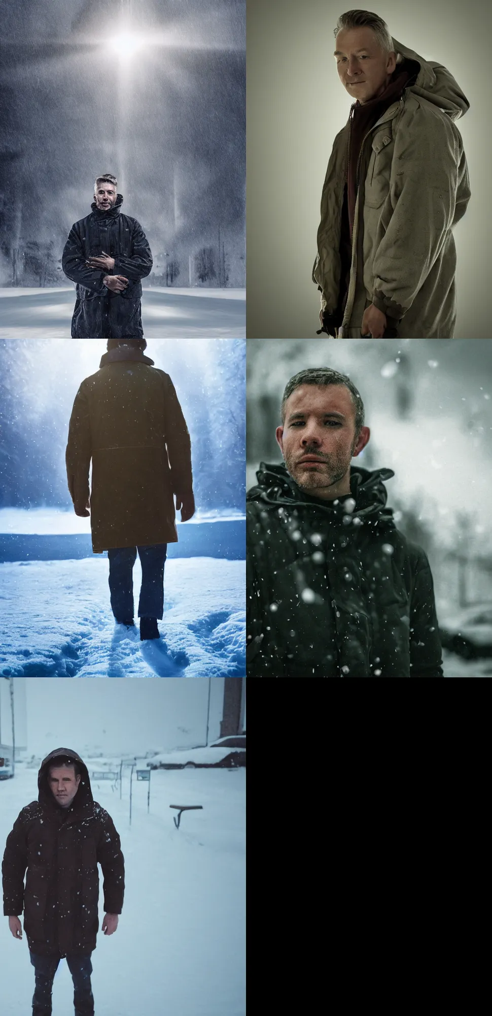 Prompt: front view, portrait of man using a soviet era winter jacket, one arm up, splash art, movie still, cinematic lighting, dramatic, octane render, long lens, shallow depth of field, bokeh, anamorphic lens flare, 8k, hyper detailed, 35mm film grain