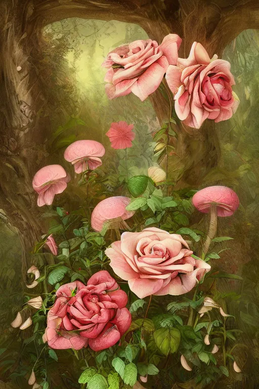 Prompt: beautiful digital matter cinematic painting of whimsical botanical illustration of roses and lilies mushrooms hidden thicket, whimsical scene bygreg rutkowki artstation